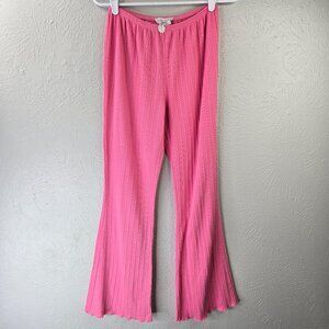 Pink Waffle Knit Flare Pants S Y2K Lounge Soft Girl Stretch Wide Leg High Rise
